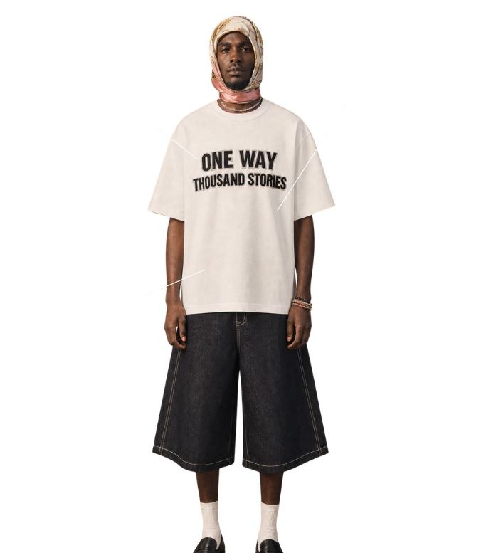 The finished white t-shirt worn, front view