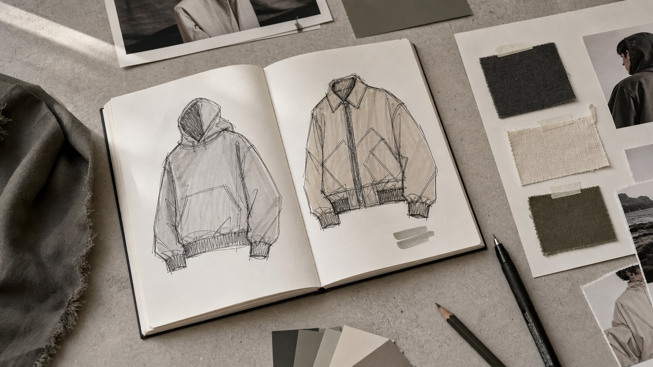 Hoodie and bomber sketches worked up in a designer's sketchbook, beside fabric swatches and mood-board references