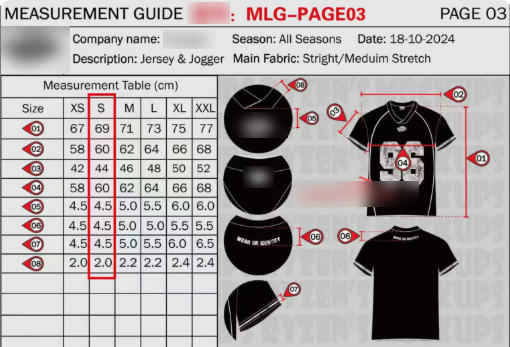 Full measurement guide page from a Directwear tech pack: size table plus the marked-up garment diagrams
