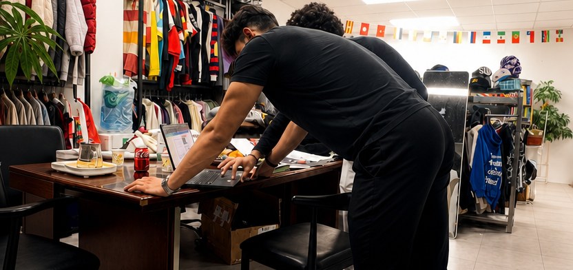 Abdessamad working at the showroom desk, sample racks and a wall of country flags behind him
